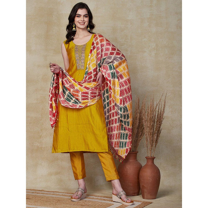 FASHOR Ethnic Embroidered Kurta with Pant & Dupatta - Mustard (Set of 3)