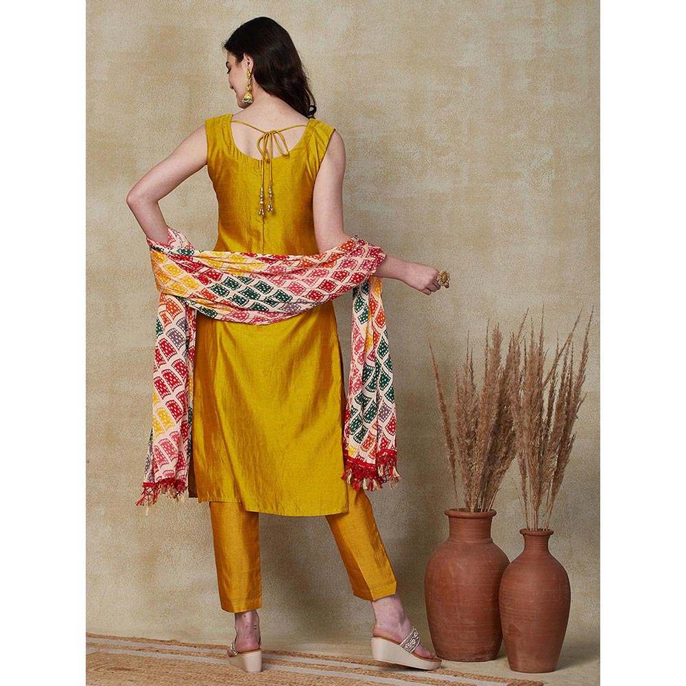 FASHOR Ethnic Embroidered Kurta with Pant & Dupatta - Mustard (Set of 3)