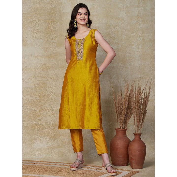 FASHOR Ethnic Embroidered Kurta with Pant & Dupatta - Mustard (Set of 3)