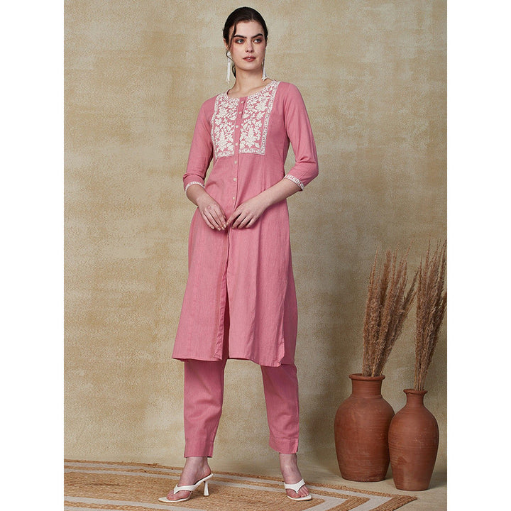 FASHOR Solid Resham Embroidered Kurta with Pants - Pink (Set of 2)