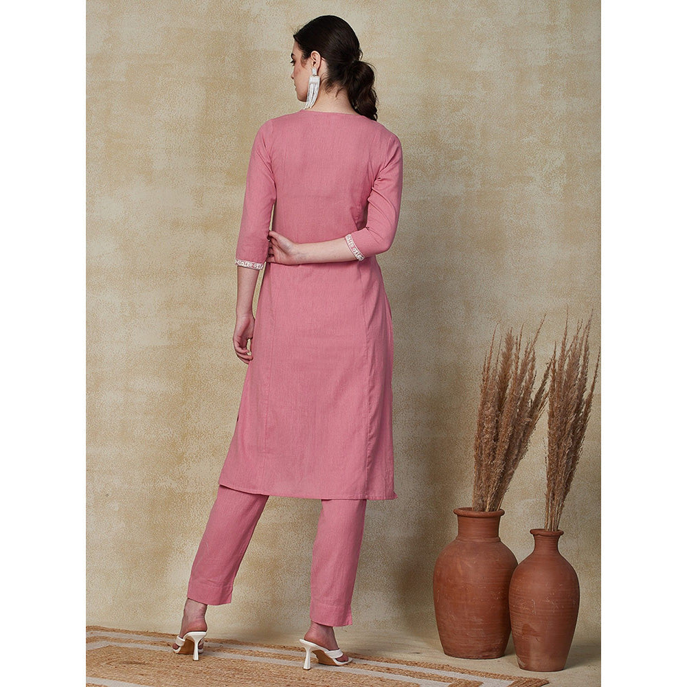 FASHOR Solid Resham Embroidered Kurta with Pants - Pink (Set of 2)