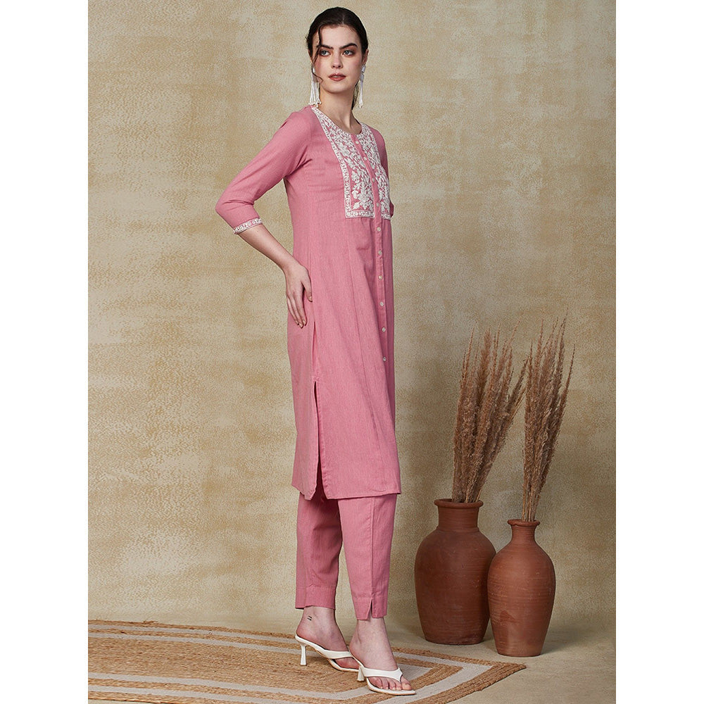 FASHOR Solid Resham Embroidered Kurta with Pants - Pink (Set of 2)