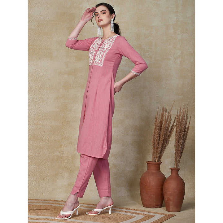 FASHOR Solid Resham Embroidered Kurta with Pants - Pink (Set of 2)