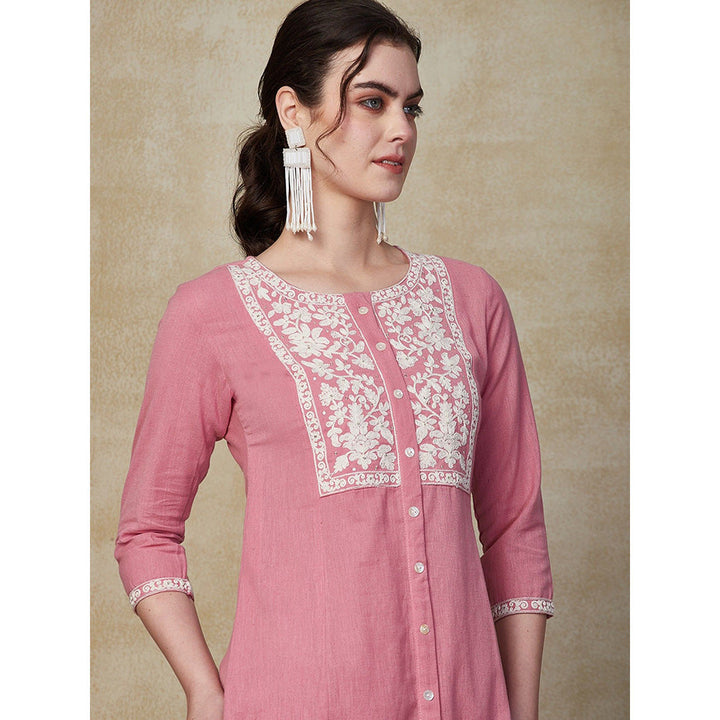 FASHOR Solid Resham Embroidered Kurta with Pants - Pink (Set of 2)