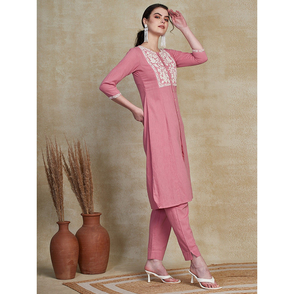 FASHOR Solid Resham Embroidered Kurta with Pants - Pink (Set of 2)