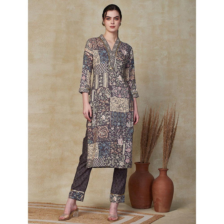 FASHOR Printed & Embroidered Kurta with Pant - Grey (Set of 2)