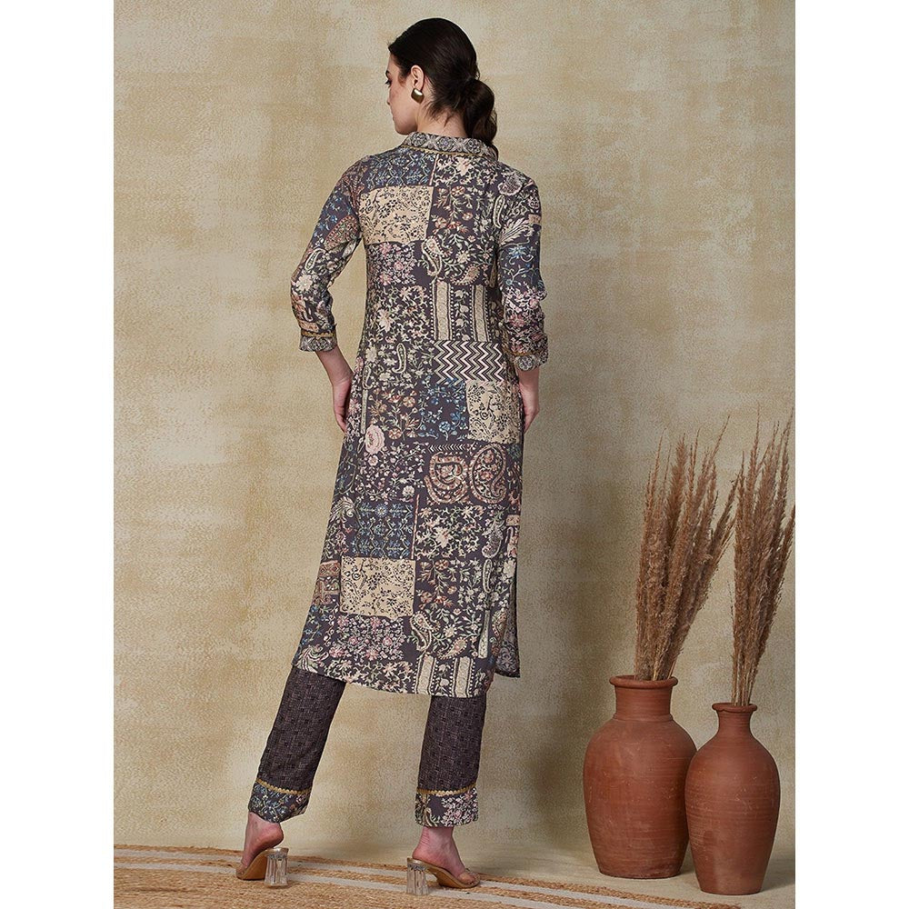 FASHOR Printed & Embroidered Kurta with Pant - Grey (Set of 2)