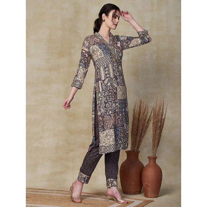 FASHOR Printed & Embroidered Kurta with Pant - Grey (Set of 2)