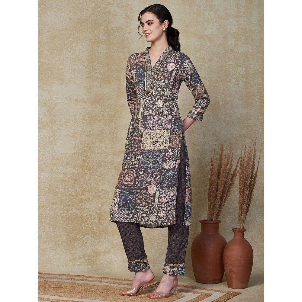 FASHOR Printed & Embroidered Kurta with Pant - Grey (Set of 2)