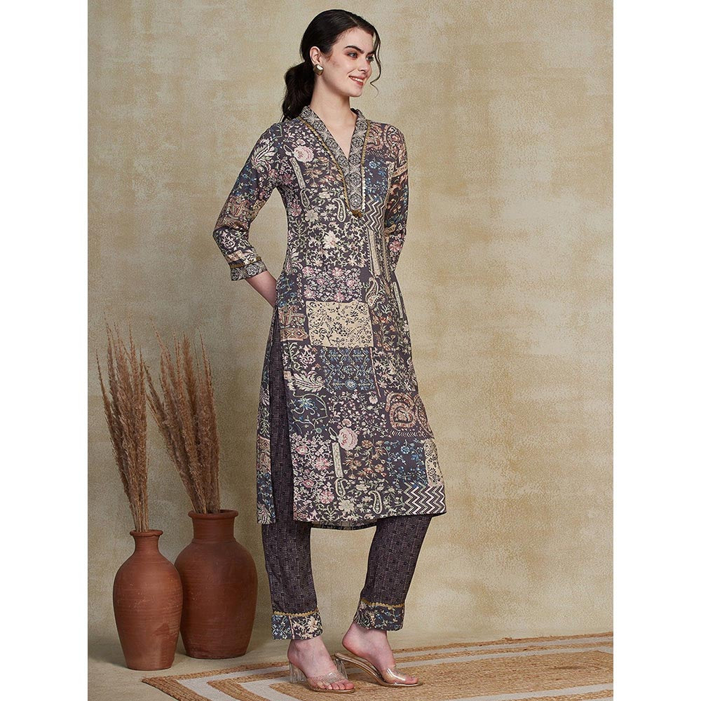 FASHOR Printed & Embroidered Kurta with Pant - Grey (Set of 2)