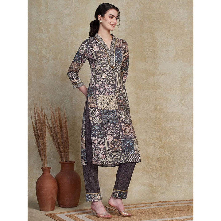 FASHOR Printed & Embroidered Kurta with Pant - Grey (Set of 2)