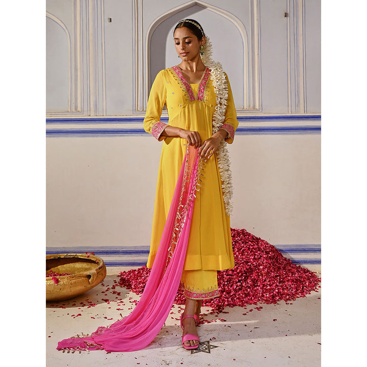 FASHOR Floral Embroidered Anarkali Kurta with Palazzo & Dupatta - Yellow (Set of 3)