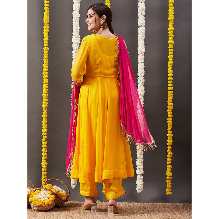 FASHOR Floral Embroidered Anarkali Kurta with Palazzo & Dupatta - Yellow (Set of 3)