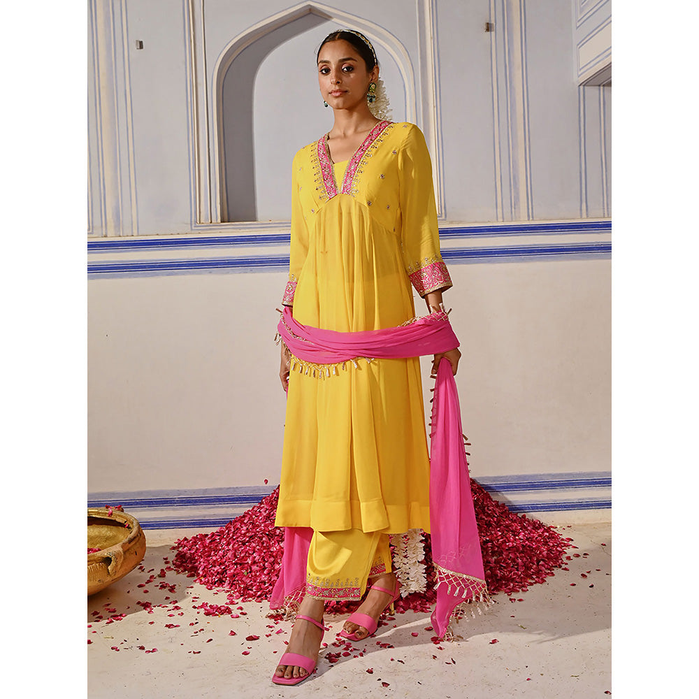 FASHOR Floral Embroidered Anarkali Kurta with Palazzo & Dupatta - Yellow (Set of 3)