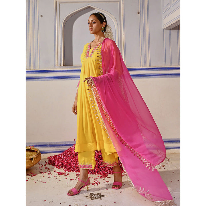 FASHOR Floral Embroidered Anarkali Kurta with Palazzo & Dupatta - Yellow (Set of 3)