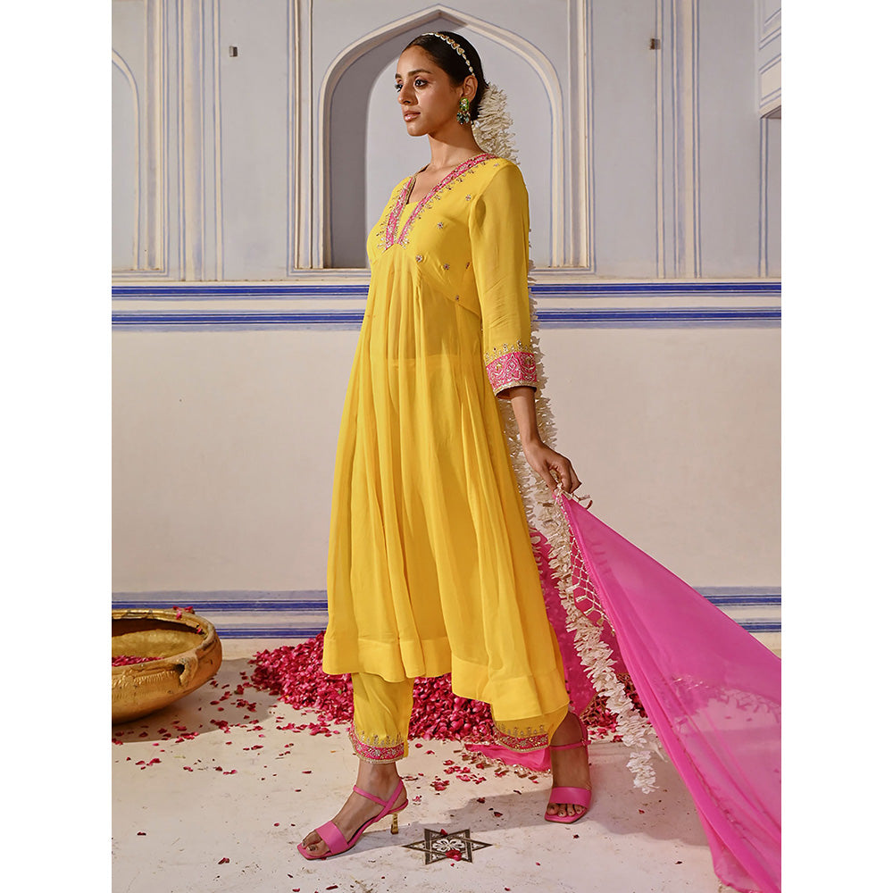 FASHOR Floral Embroidered Anarkali Kurta with Palazzo & Dupatta - Yellow (Set of 3)