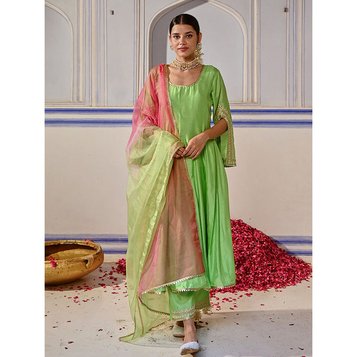 FASHOR Embroidered Anarkali Kurta with Palazzo & Dupatta - Lime Green (Set of 3)