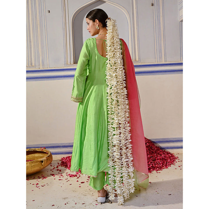 FASHOR Embroidered Anarkali Kurta with Palazzo & Dupatta - Lime Green (Set of 3)