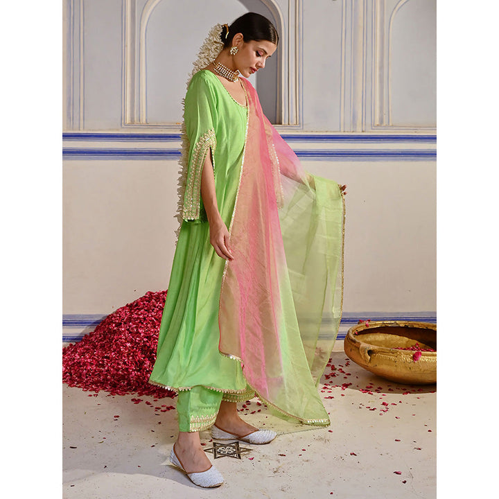 FASHOR Embroidered Anarkali Kurta with Palazzo & Dupatta - Lime Green (Set of 3)