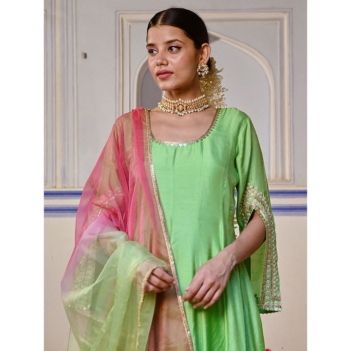 FASHOR Embroidered Anarkali Kurta with Palazzo & Dupatta - Lime Green (Set of 3)