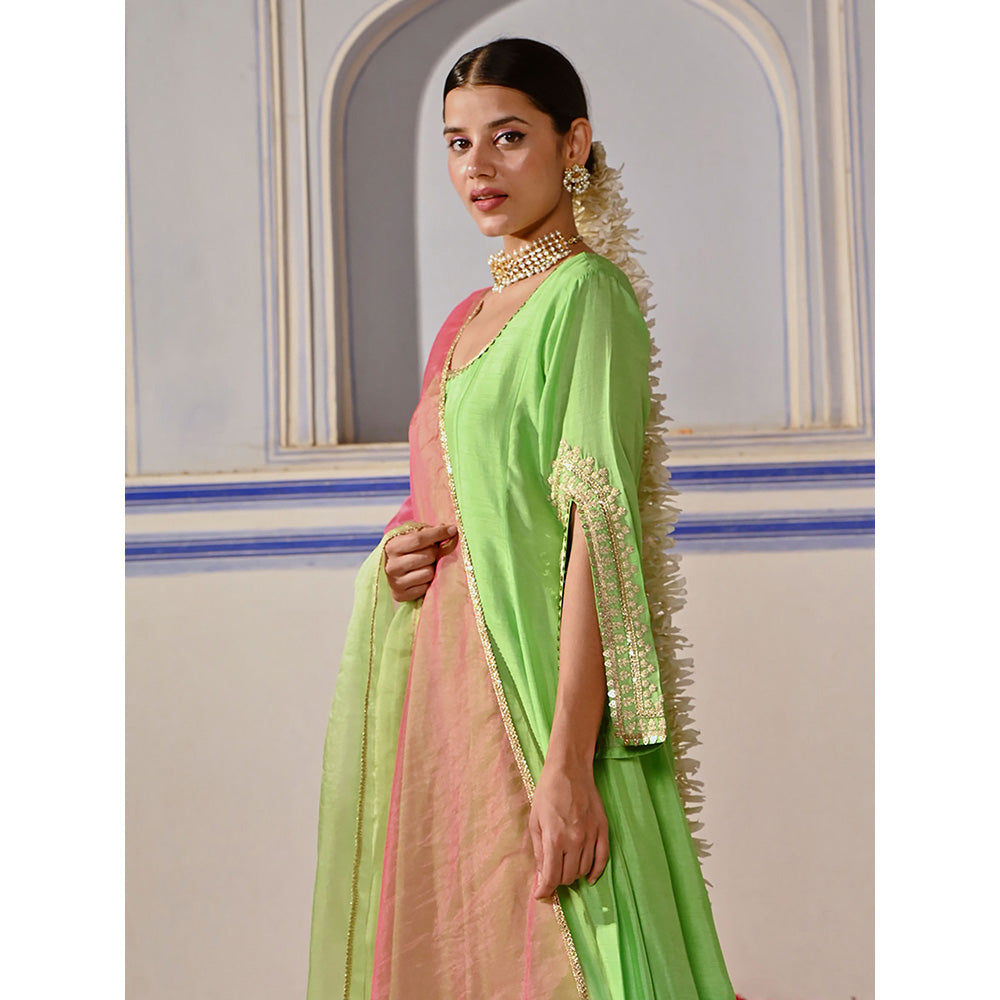 FASHOR Embroidered Anarkali Kurta with Palazzo & Dupatta - Lime Green (Set of 3)