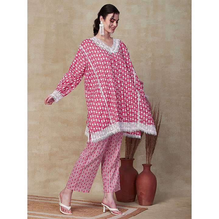 FASHOR Printed Kaftan Kurta with Pant - Pink (Set of 2)