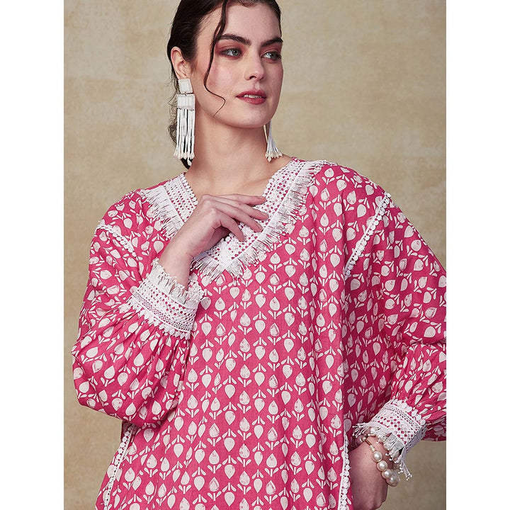 FASHOR Printed Kaftan Kurta with Pant - Pink (Set of 2)