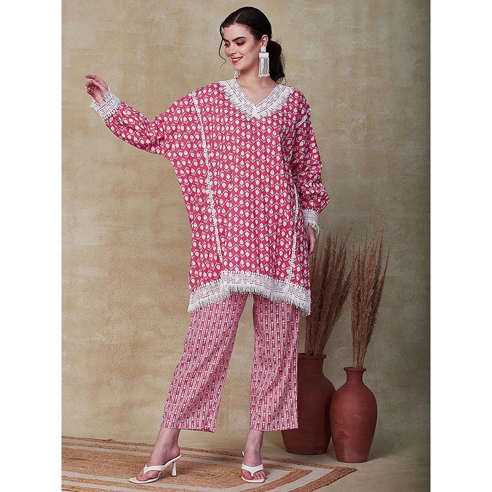 FASHOR Printed Kaftan Kurta with Pant - Pink (Set of 2)