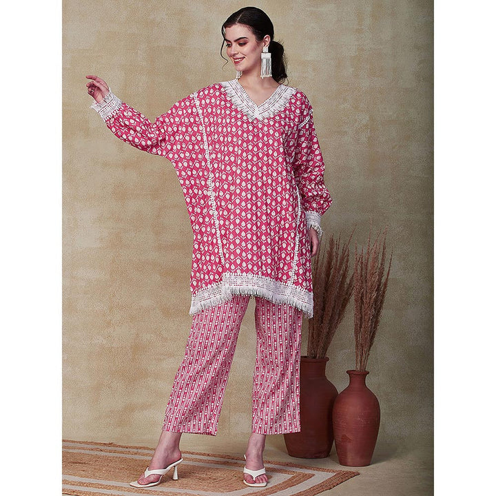 FASHOR Printed Kaftan Kurta with Pant - Pink (Set of 2)