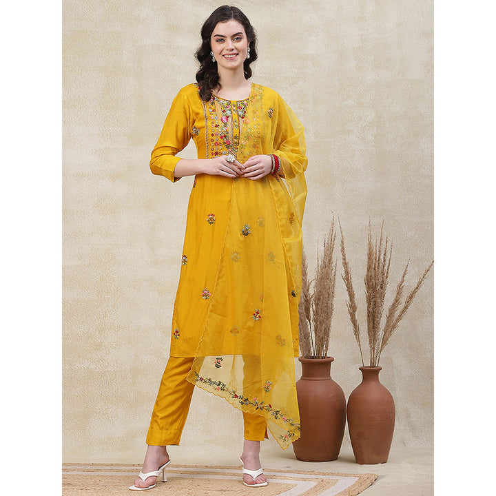 FASHOR Solid Embroidered Kurta with Pant & Dupatta - Yellow (Set of 3)