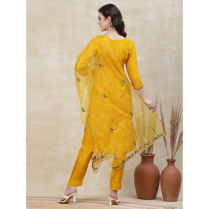 FASHOR Solid Embroidered Kurta with Pant & Dupatta - Yellow (Set of 3)