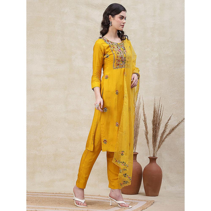 FASHOR Solid Embroidered Kurta with Pant & Dupatta - Yellow (Set of 3)