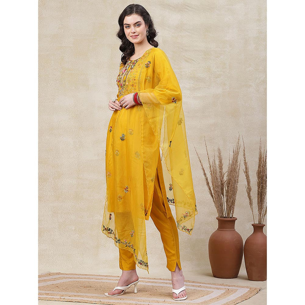FASHOR Solid Embroidered Kurta with Pant & Dupatta - Yellow (Set of 3)