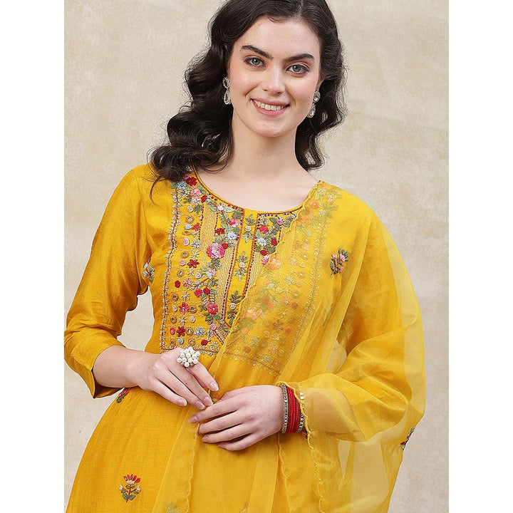 FASHOR Solid Embroidered Kurta with Pant & Dupatta - Yellow (Set of 3)