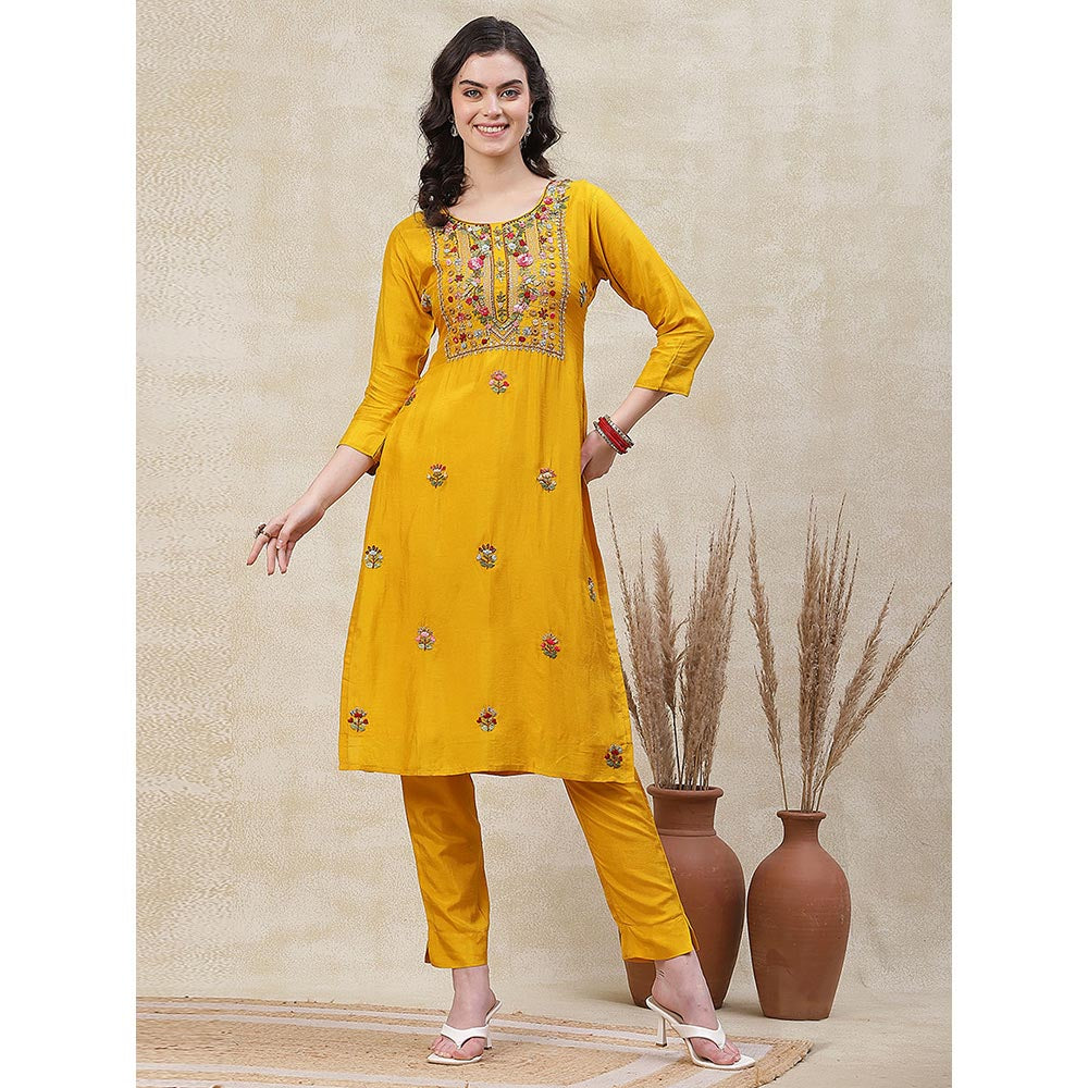 FASHOR Solid Embroidered Kurta with Pant & Dupatta - Yellow (Set of 3)