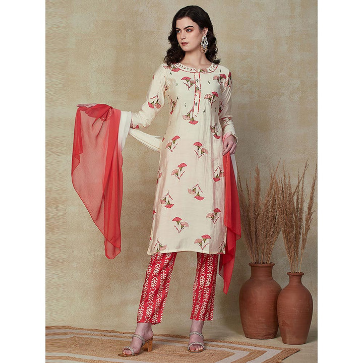 FASHOR Floral Embroidered Kurta with Pant & Dupatta - Red (Set of 3)