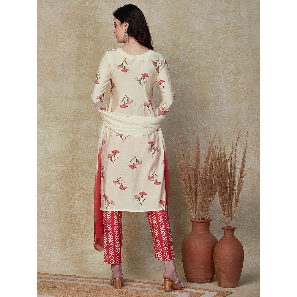 FASHOR Floral Embroidered Kurta with Pant & Dupatta - Red (Set of 3)