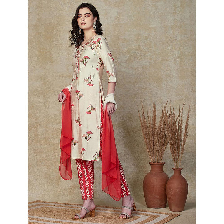 FASHOR Floral Embroidered Kurta with Pant & Dupatta - Red (Set of 3)