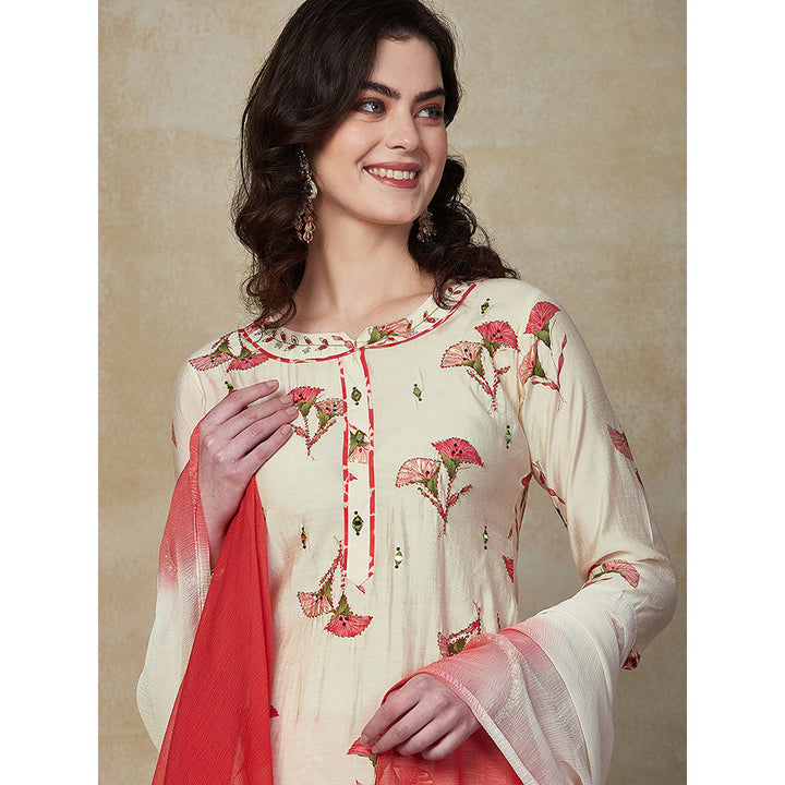 FASHOR Floral Embroidered Kurta with Pant & Dupatta - Red (Set of 3)