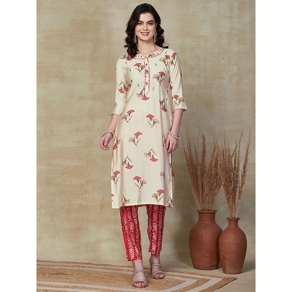 FASHOR Floral Embroidered Kurta with Pant & Dupatta - Red (Set of 3)