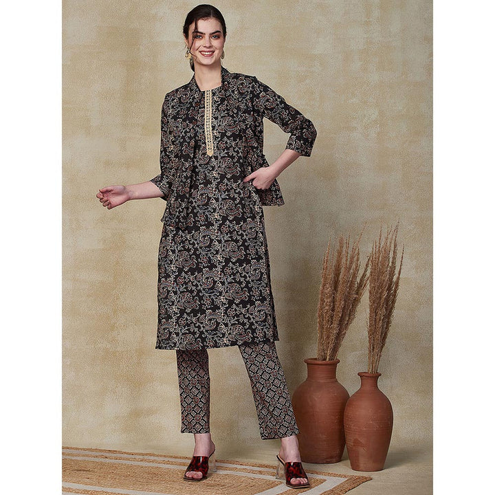 FASHOR Floral Printed Kurta & Pant with Jacket - Black (Set of 3)