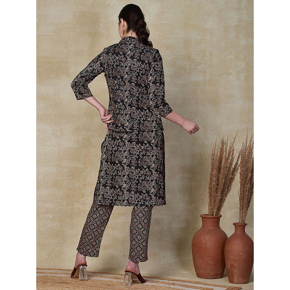 FASHOR Floral Printed Kurta & Pant with Jacket - Black (Set of 3)