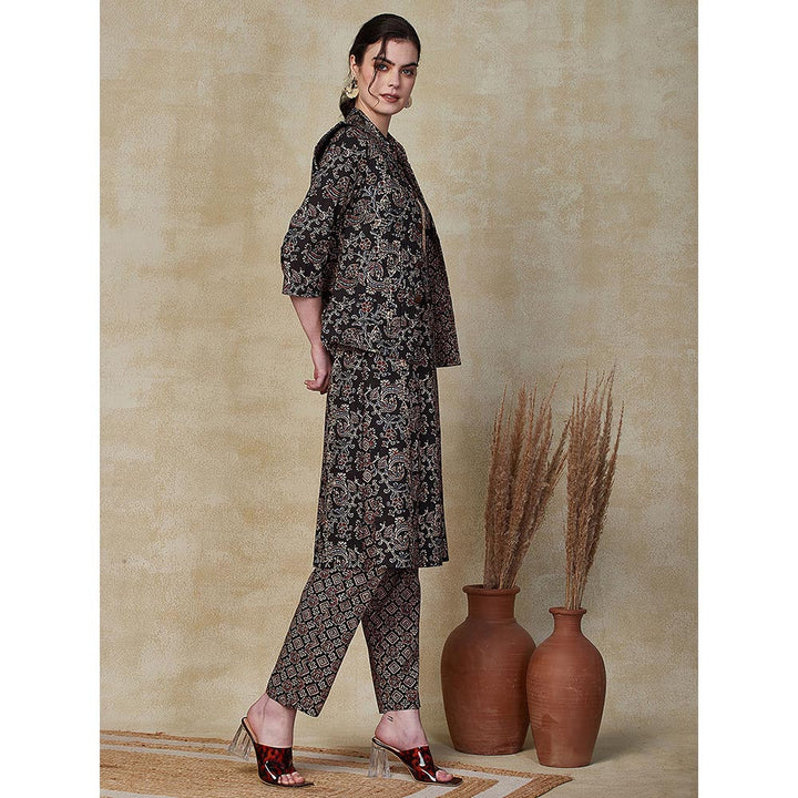 FASHOR Floral Printed Kurta & Pant with Jacket - Black (Set of 3)