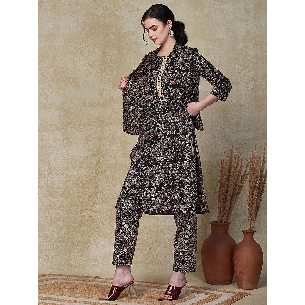 FASHOR Floral Printed Kurta & Pant with Jacket - Black (Set of 3)