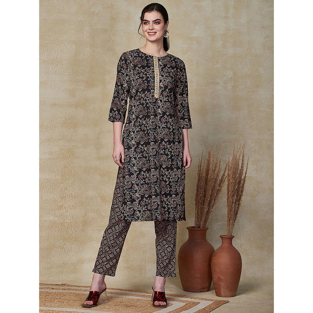 FASHOR Floral Printed Kurta & Pant with Jacket - Black (Set of 3)