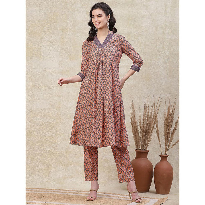 FASHOR Ethnic Printed A-Line Kurta with Pant - Peach (Set of 2)