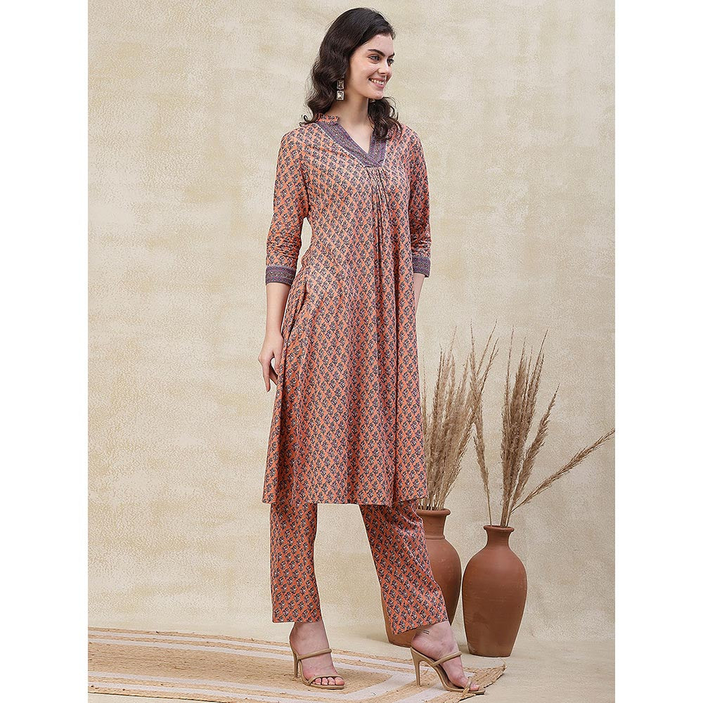 FASHOR Ethnic Printed A-Line Kurta with Pant - Peach (Set of 2)