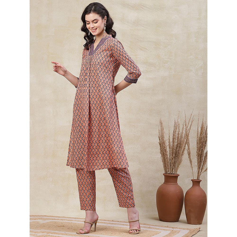 FASHOR Ethnic Printed A-Line Kurta with Pant - Peach (Set of 2)