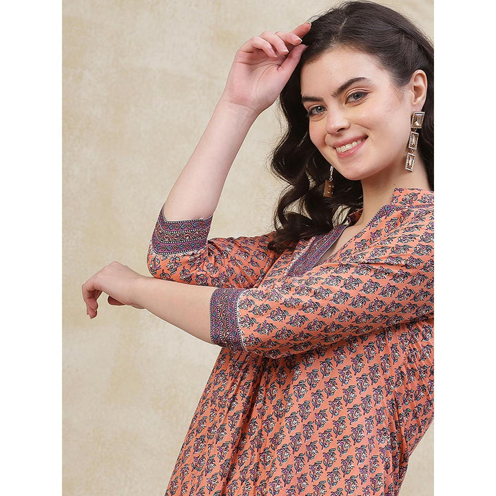 FASHOR Ethnic Printed A-Line Kurta with Pant - Peach (Set of 2)