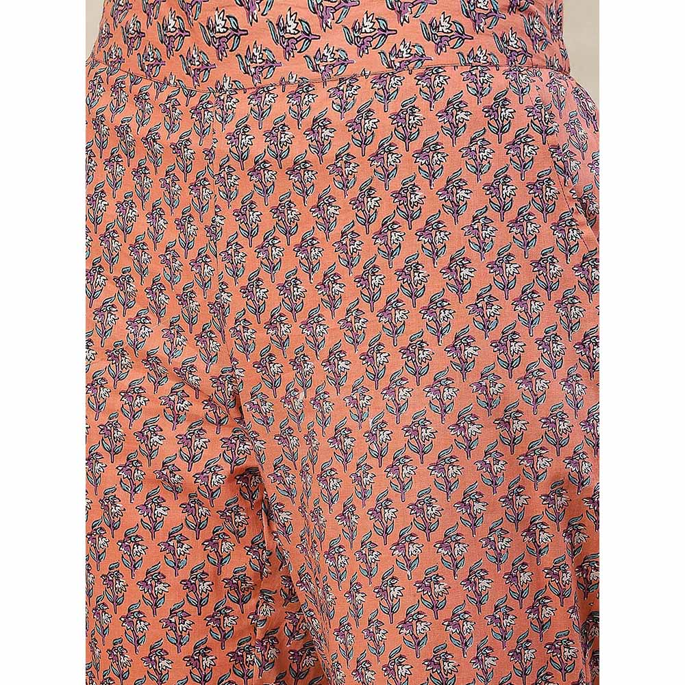 FASHOR Ethnic Printed A-Line Kurta with Pant - Peach (Set of 2)